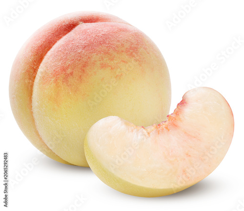 Melting texture White Peach with sliced isolated on white background, Japanese White Peach fruits with clipping path.