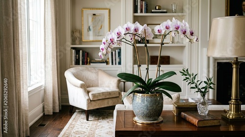 A beautifully arranged orchid plant with white and pink flowers in a stylish living room setting, featuring a beige armchair, a wooden coffee table, and a bookshelf in the background.