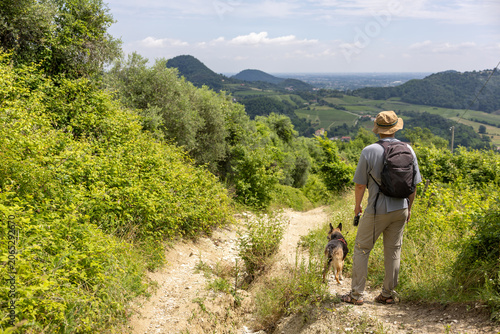 Hiker with dog enjoying a scenic mountain trail surrounded by lush greenery. Concept of outdoor adventure, active lifestyle, companionship and exploring nature with pets