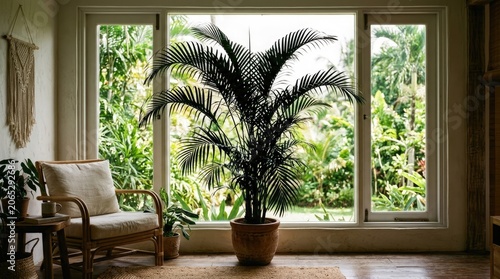 A large, lush green palm tree stands in front of a window, casting a shadow on the wooden floor below. 