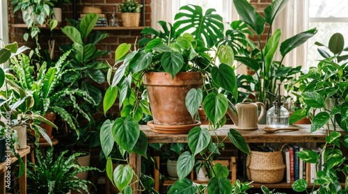 A lush indoor garden with a variety of green and leafy plants, including a large potted plant in the foreground, surrounded by other plants on a wooden table 