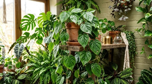 A lush indoor garden with a variety of green and leafy plants, including a large Philodendron, surrounded by a wooden shelf and a brick wall.