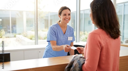Smiling nurse in blue scrubs handing a blank card to a patient at a reception desk in a bright, modern medical clinic or hospital waiting area.