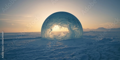 Winter scene with a large ice dome forming a frozen hemisphere silhouette