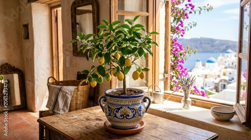 A potted lemon tree with lemons growing in a ceramic pot on a wooden table in a rustic, Mediterranean-style room with a view of the ocean and a window with flowers.