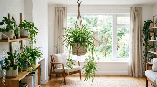 A cozy living room with a hanging plant, a bookshelf, and a window, featuring a mix of green and white colors.
