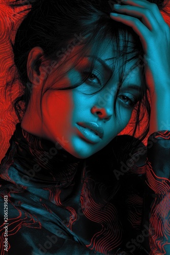 Artful halftone poster effect showcasing a striking portrait of a woman with bold colors and expressive features