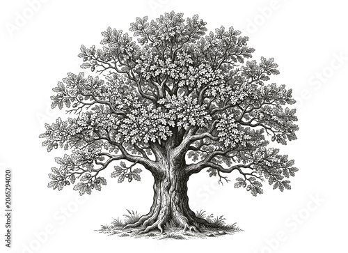 Obraz na plátne Full, bushy tree with branches and roots, vintage engraved illustration