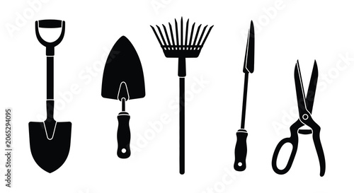 Cuadro en lienzo Gardening Tools Collection In Black Silhouette garden