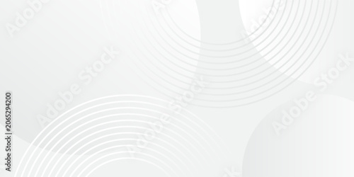 Abstract white and gray geometric background with elegant overlapping circles and concentric ring lines, modern minimalist luxury vector banner for corporate business presentation