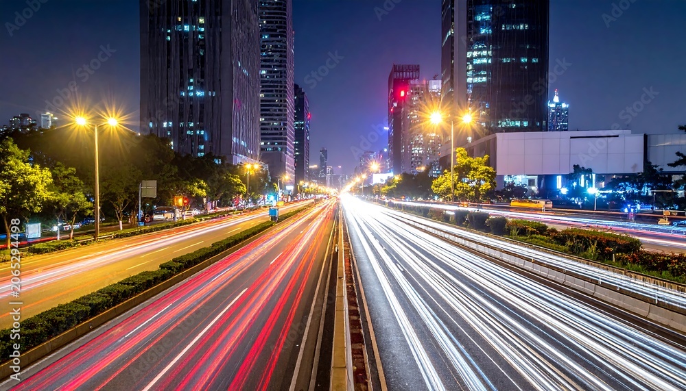 Fototapeta premium A nighttime cityscape with streaks of light from moving vehicles on a multi-lane highway