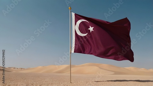 The Turkish flag waving in a desert landscape with sand dunes