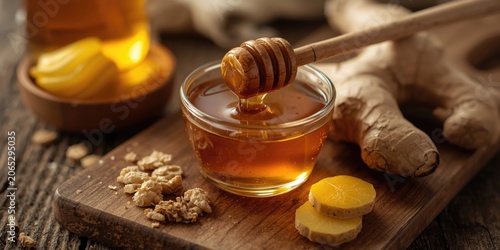 Organic honey served with sliced spicy ginger root