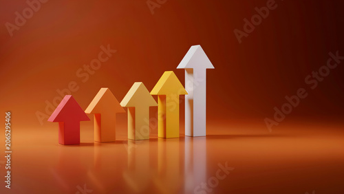 A row of five colorful wooden arrow blocks pointing upward on brown background
