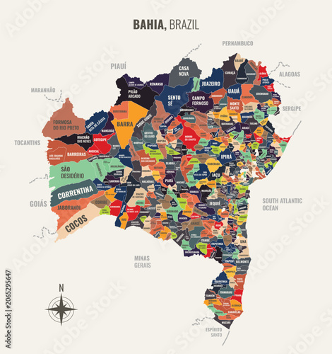 A map showing Bahia Brazil Estado into Municipio in a minimalist colorful style