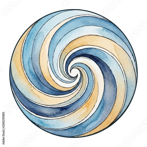 Abstract circular watercolor painting with swirling blue and beige stripes creating a dynamic hypnotic motion effect