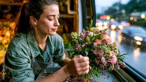 Florist at Work: A focused florist thoughtfully arranging a vibrant bouquet of fresh flowers, with a soft, rainy street scene visible through the window.