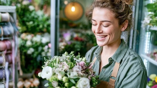 Florist's Delight: A smiling florist admires a beautiful bouquet of fresh flowers, surrounded by an abundant display of plants and blooms in her shop.