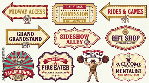 Collection of vintage carnival and fairground signage, including admission, rides, food, and entertainment