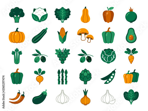 Set of 30 Flat Vegetable Icons for Healthy Food and Organic Product Design