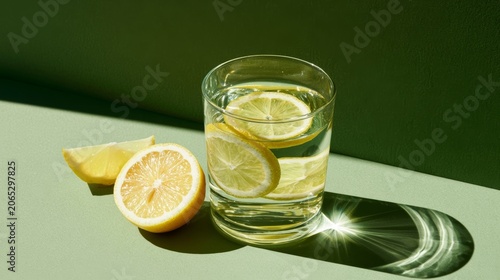 Clear Glass of Lemon Water on Green Background, Healthy Hydration Concept