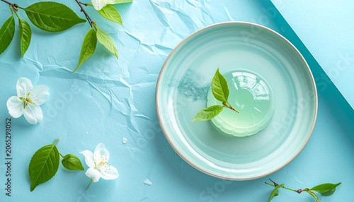 水色の和紙を背景に、右手前八分の一の位置へ小皿に盛られた夏の和菓子が配置されている。
涼しげな色合いと和紙の繊細な質感が、日本の夏らしい上品な雰囲気を演出する。
広い余白を活かした構図で、季節の挨拶や販促素材にも使いやすい。
和菓子、茶道、夏の風物詩、日本文化をテーマにした素材として活用できる