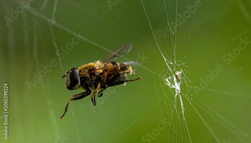 Hoverfly Caught in Spiderweb, Microscopic View of a Delicate Encounter