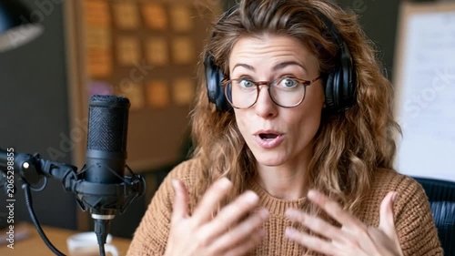 Podcast Host in Action: A female podcaster with headphones and glasses enthusiastically speaks into a microphone, her hands gesturing expressively.