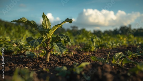 Vigorous young cocoa plant maturing strongly in rich soil within vibrant agricultural green landscape