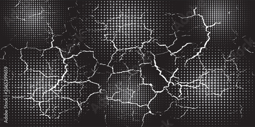 Konstfotografi striking monochrome abstract texture combining white marble-like cracks with a futuristic halftone dot pattern on a deep black background