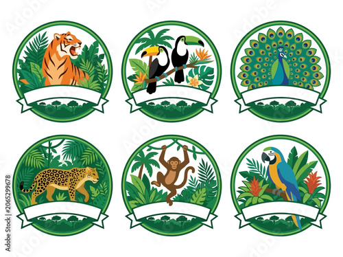Photography Tropical Jungle Animal Badges Set with Tiger, Jaguar, Monkey, and Exotic Birds