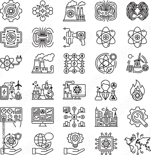Fusion Energy Reactor Line Icons Set for Clean Energy, Nuclear Fusion Technology, Future Power and Scientific Innovation