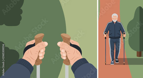 A first-person perspective shows hands gripping Nordic walking poles, while an elderly man actively engages in the exercise on a scenic outdoor path.