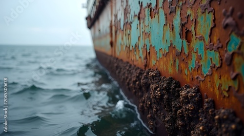 A rusty old shipwreck partially submerged in the ocean water