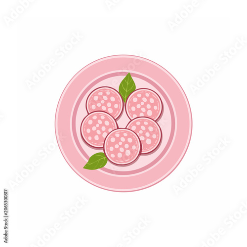 Pink Salami Slices on Plate with Green Leaves