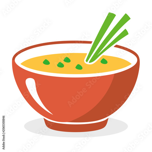 Red bowl of soup with chopsticks and green onion