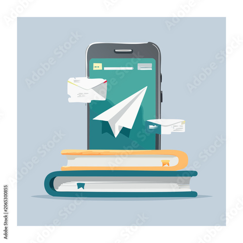 Smartphone with paper airplane and envelopes on books