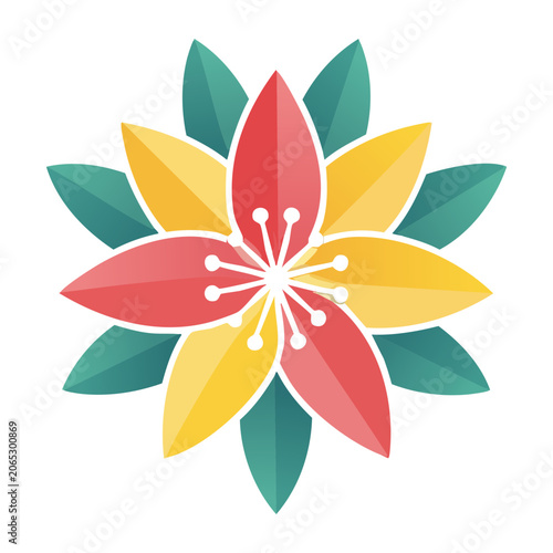 Stylized flower illustration with red, yellow, and green petals