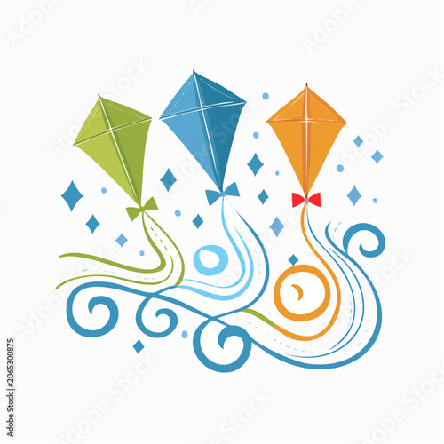 Three colorful kites flying with decorative swirls and diamonds
