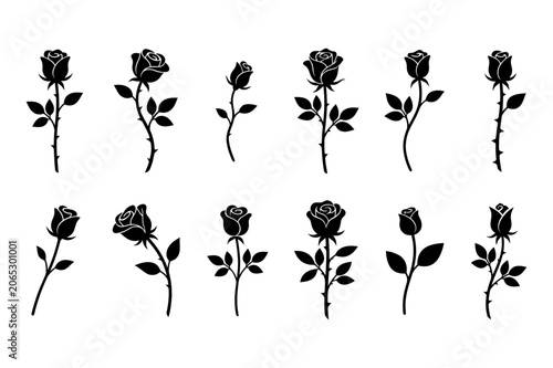 Black Rose Silhouette Tattoo Set with Stems and Leaves Vector