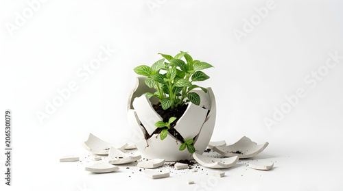 Healthy Green Sprout Growing Through Broken Pot Fragments