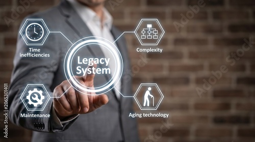 A businessman pointing at a legacy system bottlenecks on digital dashboard during strategy for cloud migration from legacy systems