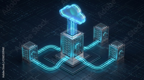 An isometric 3d server network visualization with fiber optic links to cloud hub for efficient cloud migration from legacy systems