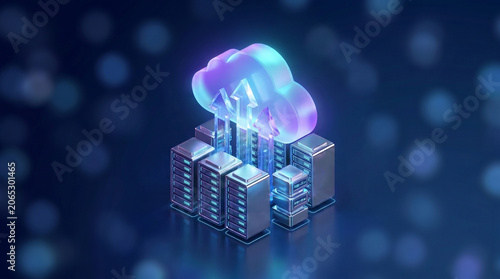 An isometric 3d server towers with upward arrows and digital cloud showing data ecosystem for cloud migration from legacy systems