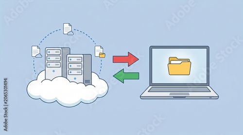 An illustration of a bidirectional data sync between local laptop and cloud servers for cloud migration from legacy systems