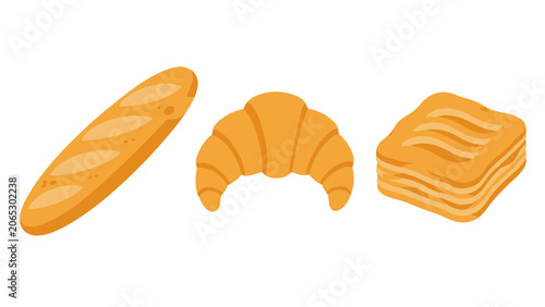 Fotografie Flat vector set of baguette croissant and puff pastry