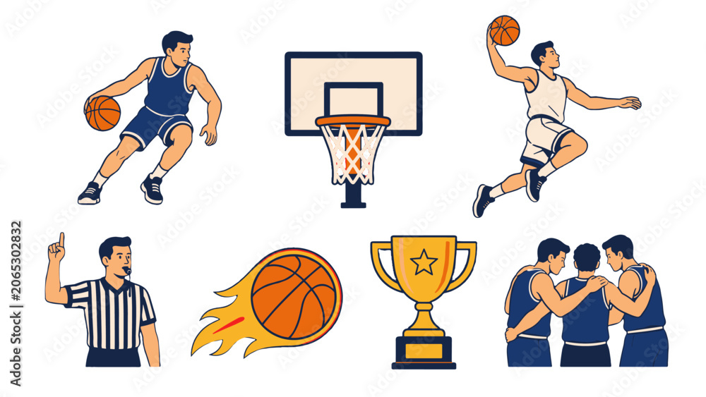 Naklejka premium Basketball players and game elements vector illustration set