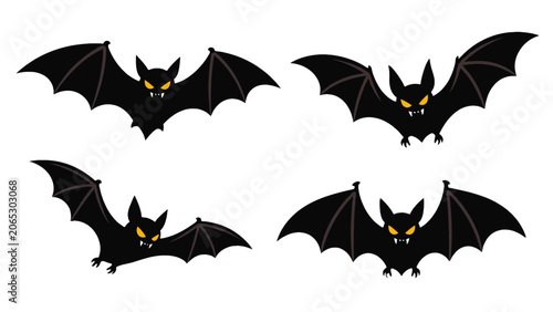 Fotografie Set of black bat silhouettes with glowing eyes in flight