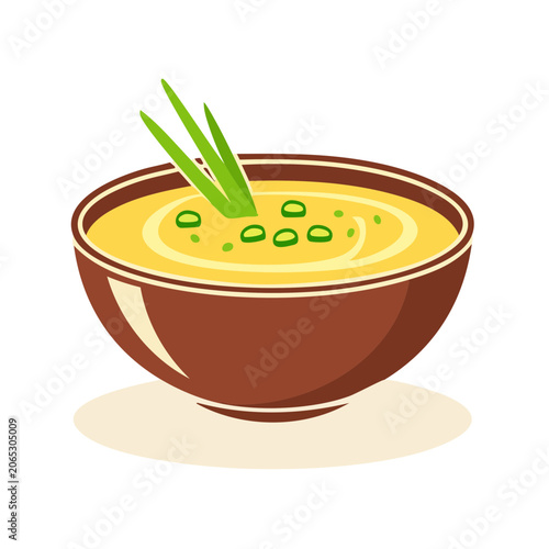 Flat design illustration of a bowl of soup with green onion