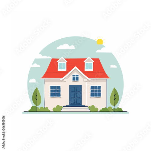 Flat design illustration of a suburban house with trees and sun